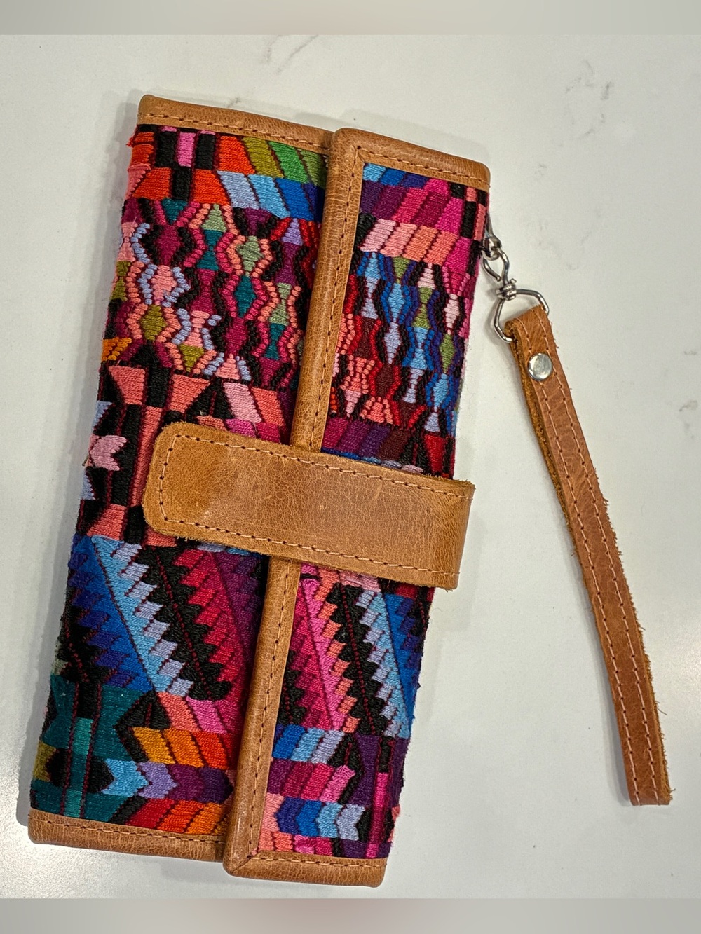 Artisanal Woven Huipil & Genuine Leather Wristlet